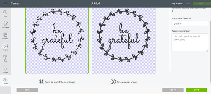 choosing print then cut or cut image in design space