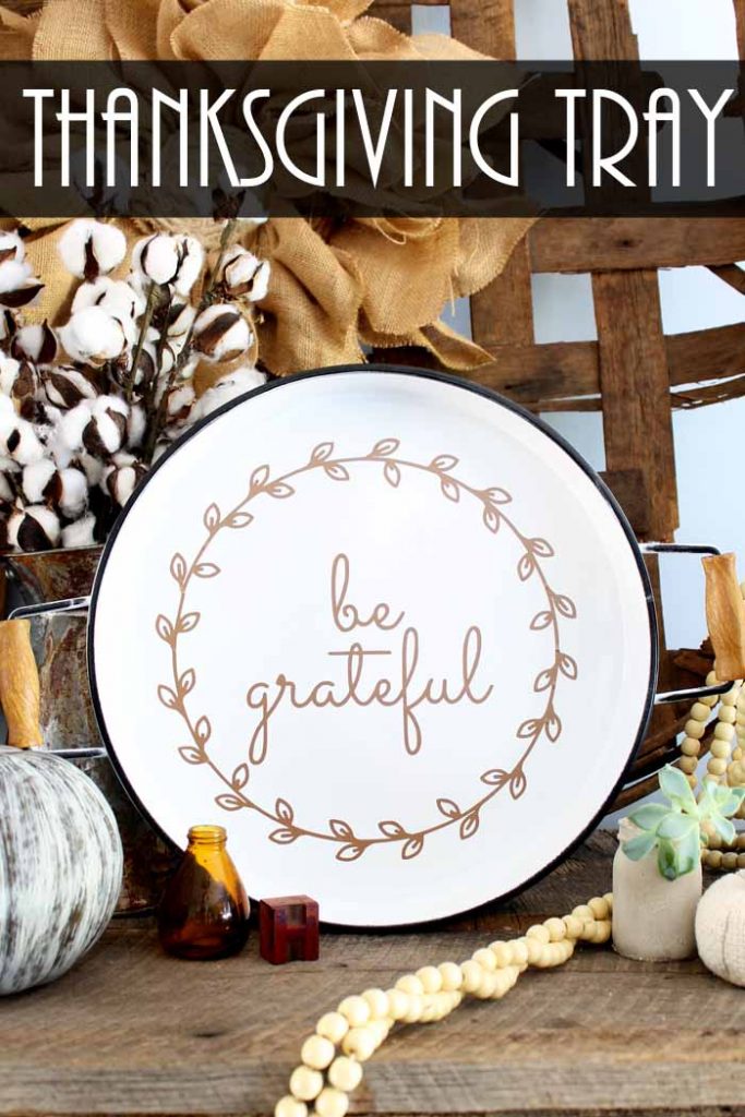 Pinterest graphic of white plate with be grateful text