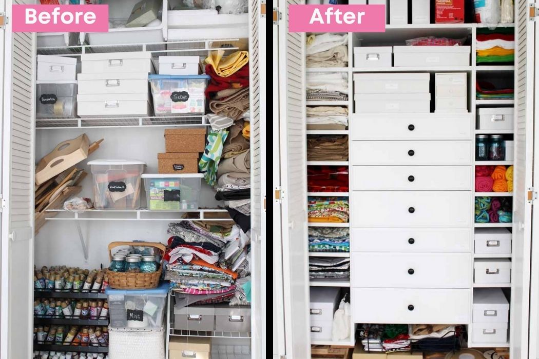 before and after shots of craft closet