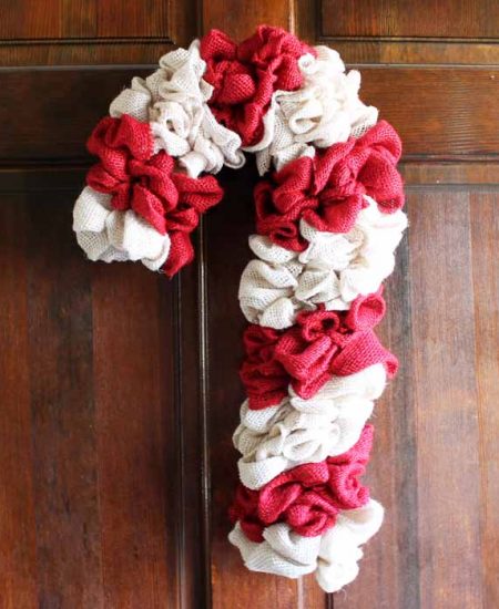 burlap candy cane on a door