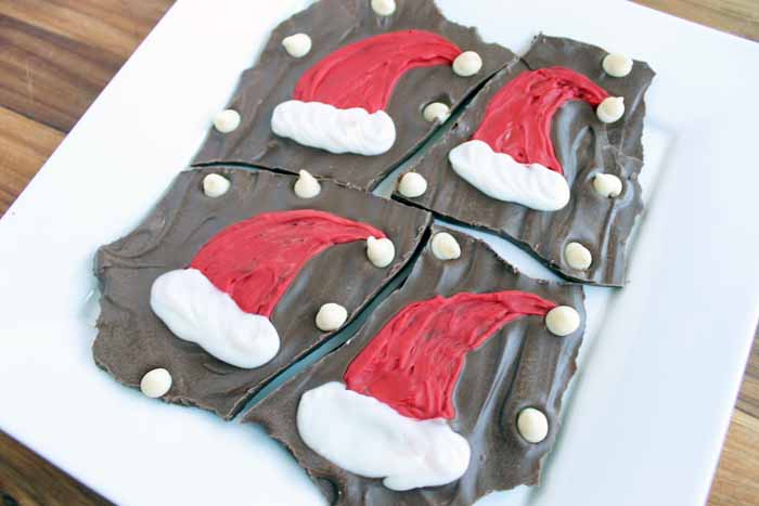 chocolate bark with santa hats