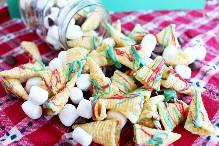 bugle snack mix spilling out of a jar