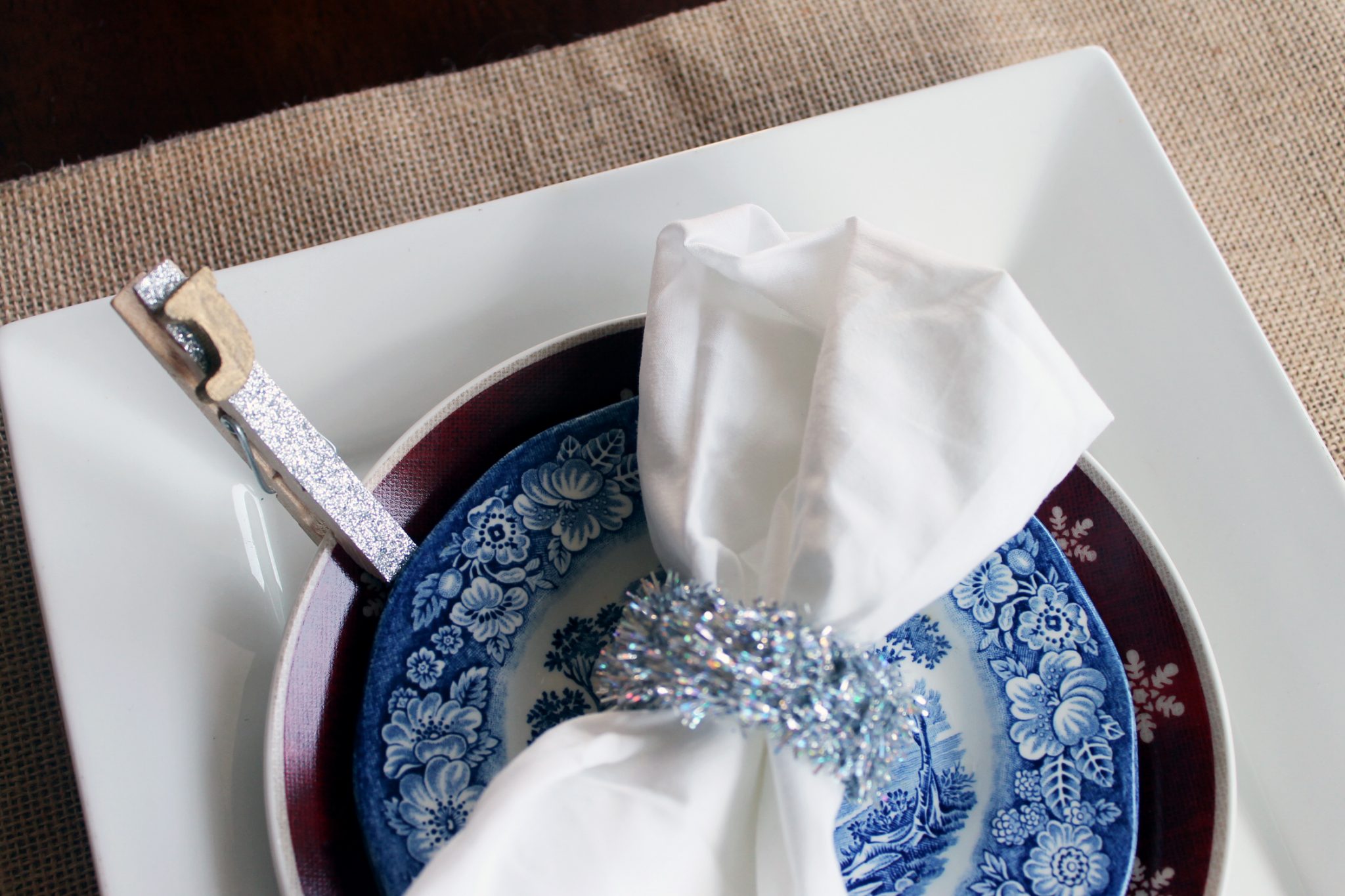 decorated clothespin used to make place at a holiday dinner