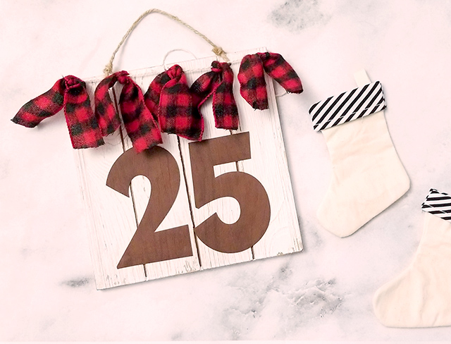 sign with buffalo plaid and 25