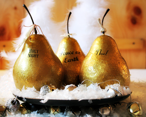 gold pears with lettering