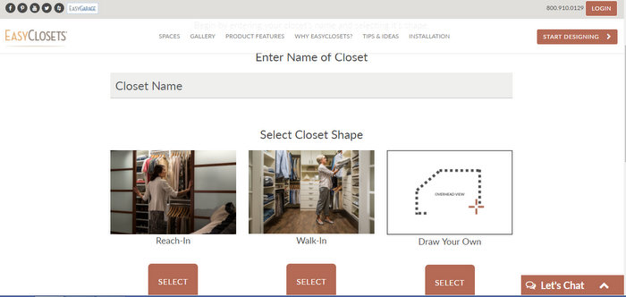 selecting a closet shape on a website