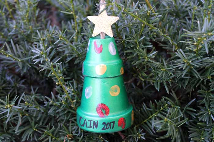 clay pot christmas tree ornament hanging on a tree