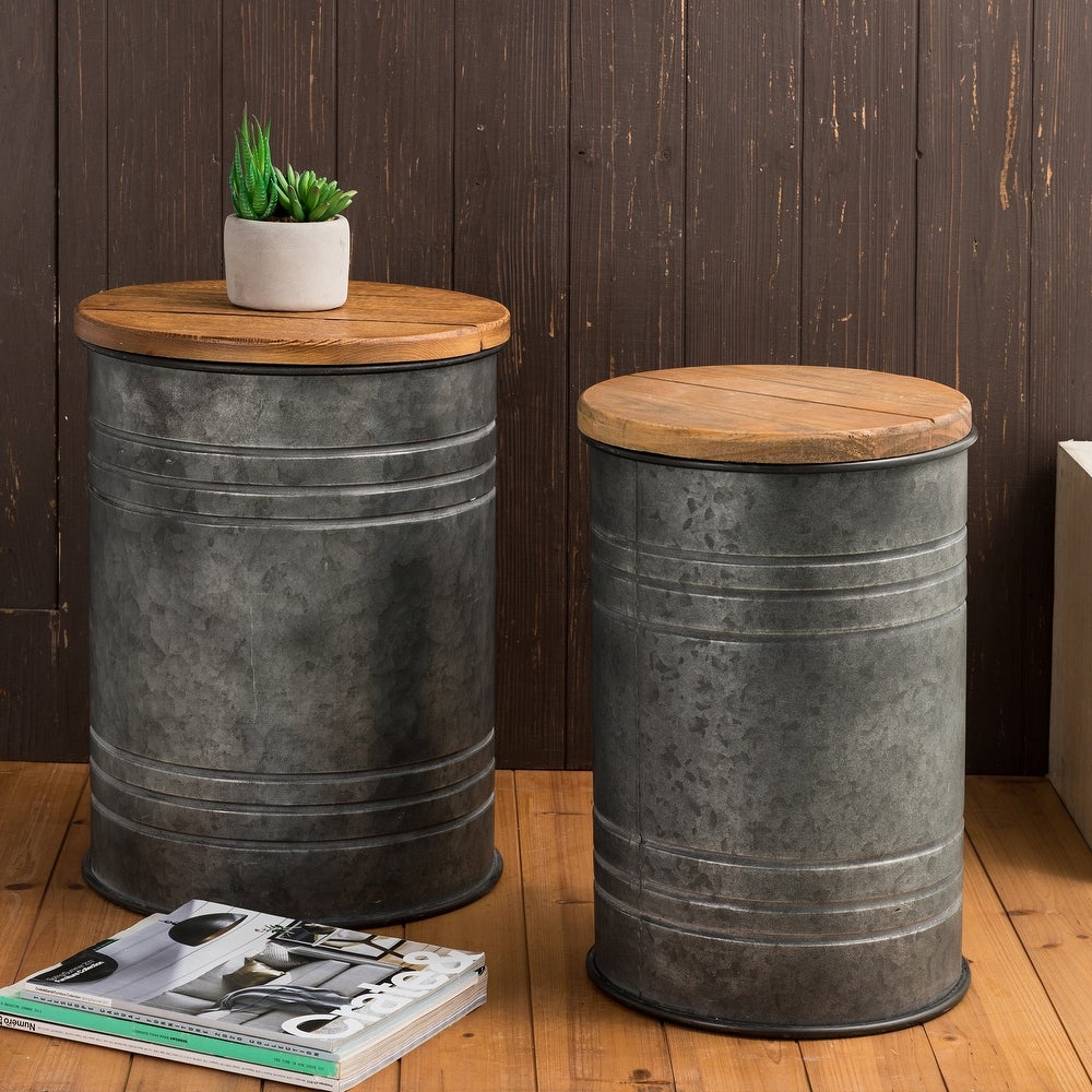 metal drums with wood tops