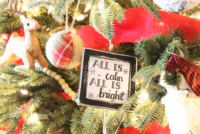 black and white ornament on a tree