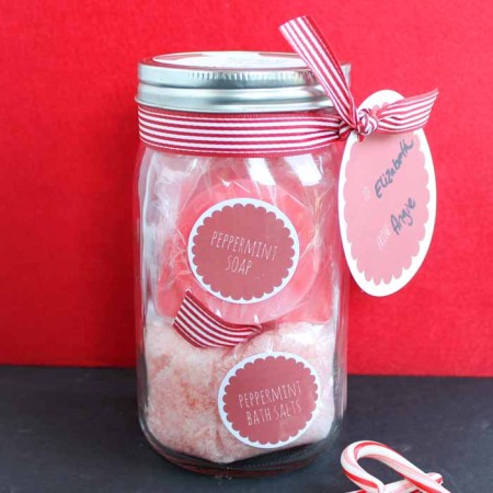 peppermint soap and more pampering supplies in a jar for a gift