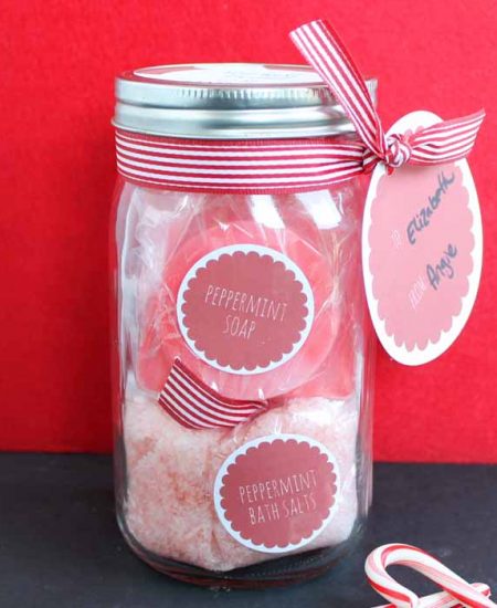 peppermint soap and more pampering supplies in a jar for a gift