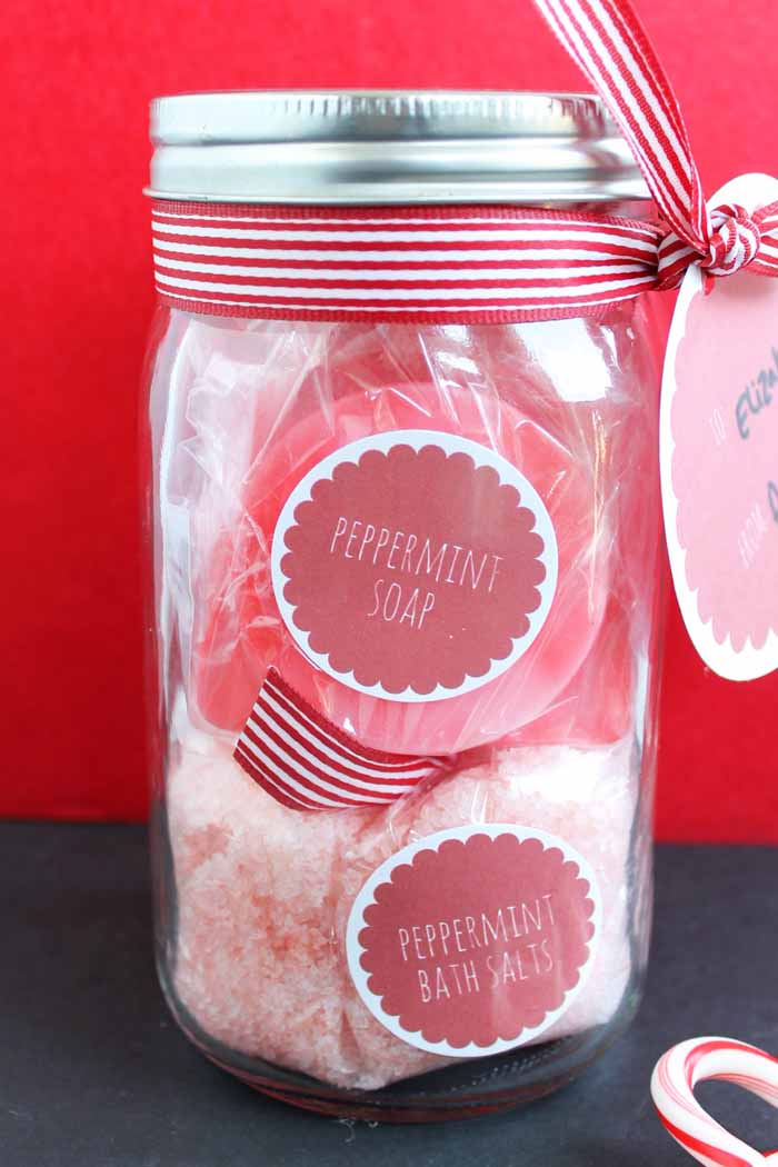 peppermint soap and peppermint bath salts in a mason jar gift