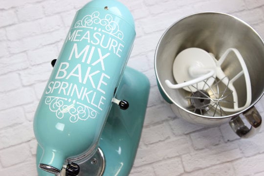 measure mix bake sprinkle decal on a mixer 