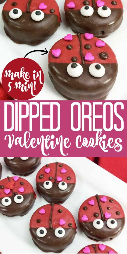 Make these Valentine cookies for someone you love! Cute covered Oreos that look like lady bugs! So simple and no baking required!