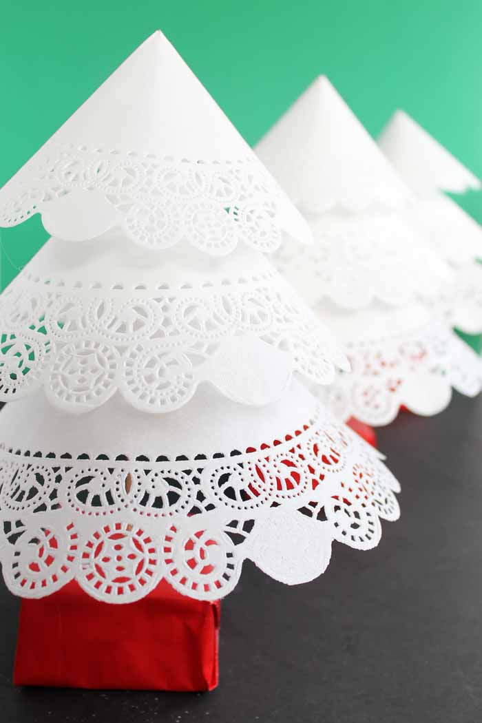 doily christmas trees in a line