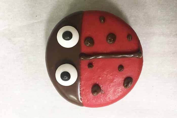 adding chocolate details to a lady bug cookie