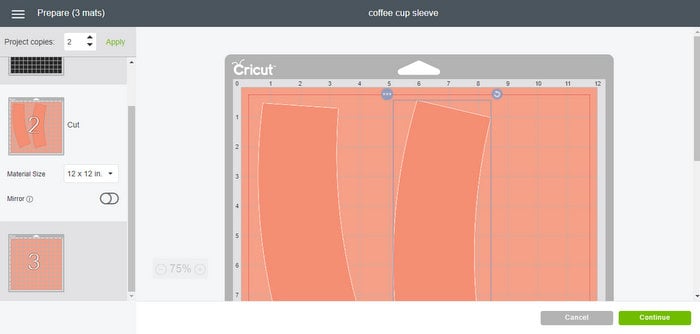 cutting two coffee sleeves on one cricut mat