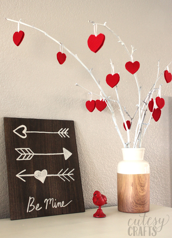 felt hearts on sticks in a vase