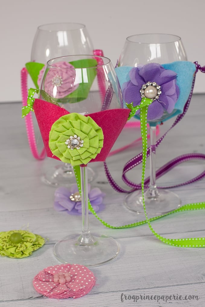 felt flowers on wine glasses