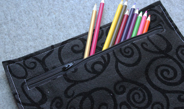 felt zipper pouch with colored pencils