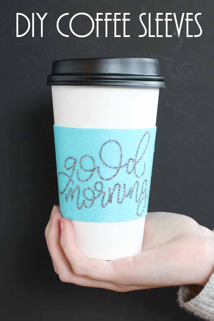 Make your own coffee sleeves with customized designs! So simple with your Cricut and EasyPress! Get the cut file for the good morning coffee cup sleeve as well!