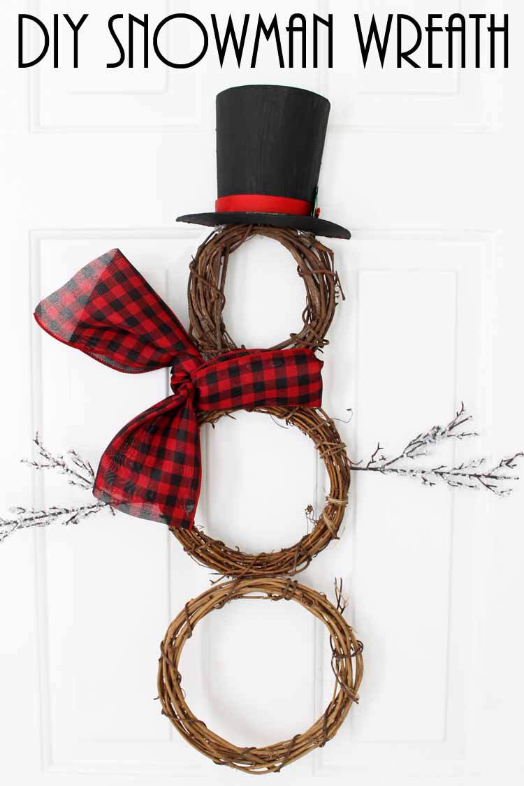 pinnable image with text overlay saying diy snowman wreath