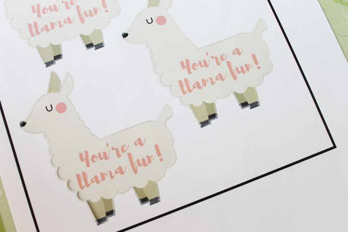 llama valentine printouts on white paper with black border