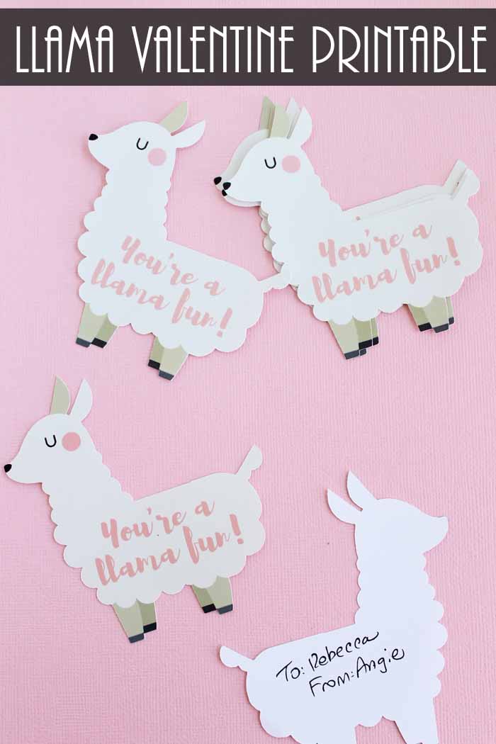 Four cut-out white llama valentines on pink background