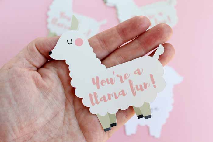 hand holding cut-out white llama valentine on pink background