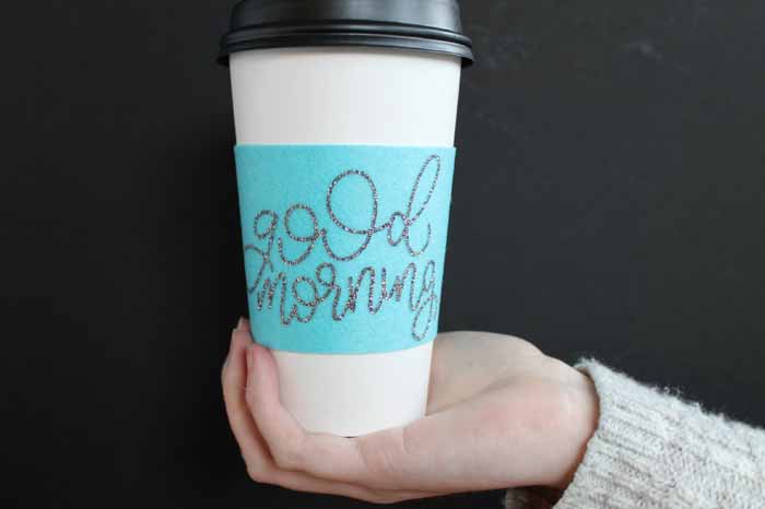 Make your own coffee sleeves with customized designs! So simple with your Cricut and EasyPress! Get the cut file for the good morning coffee cup sleeve as well!