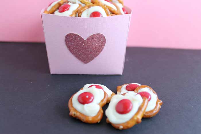 valentine\'s day snacks in a treat box made with a cricut