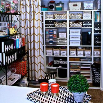 craft room closet with curtains