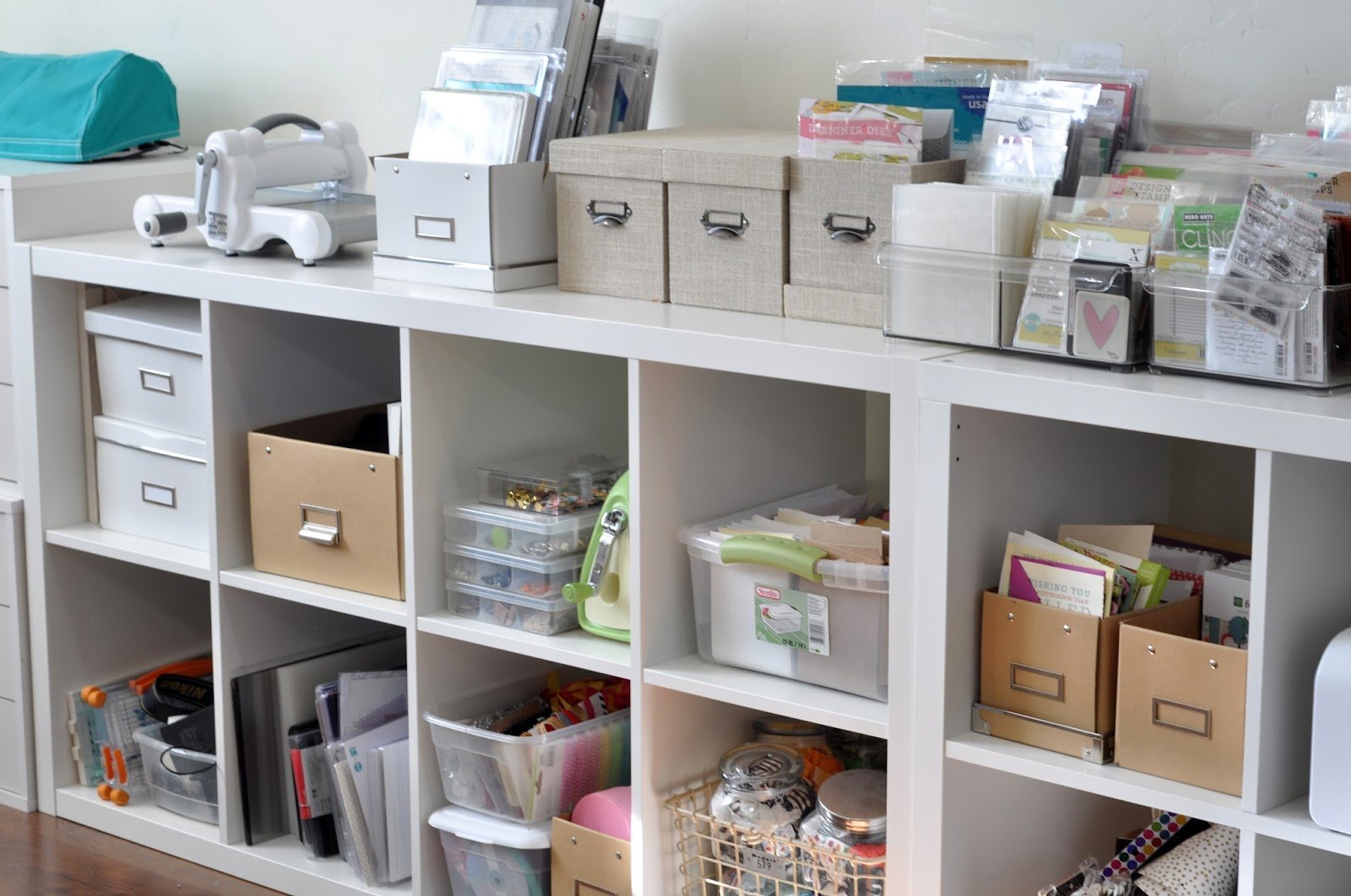 shelves with boxes filled with craft supplies