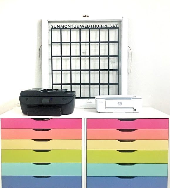 rainbow drawers on a storage cart