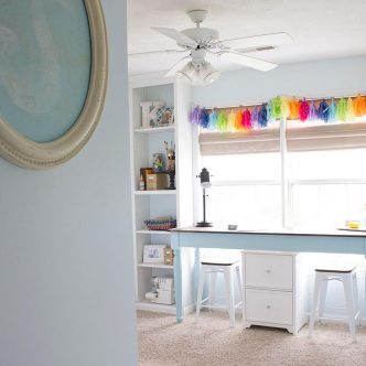 clean craft desk with windows