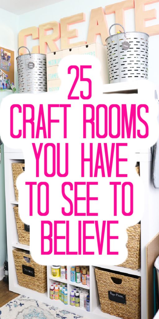 You are not going to believe these gorgeous craft rooms! Take a tour of 25 organized spaces to inspire your own creative space in your home. #craftroom #organization #crafts #creative