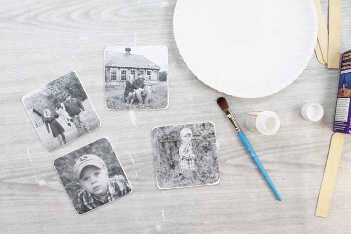 adding decoupage over photos on coasters