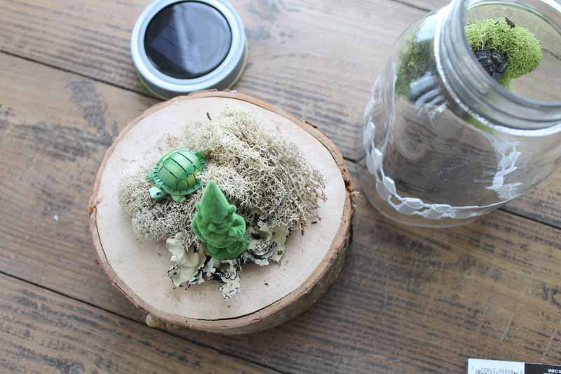 fairy garden supplies on a wood slice