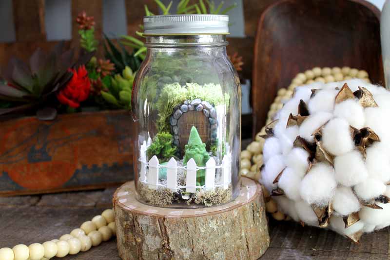 rustic wood slice with a fairy garden on top