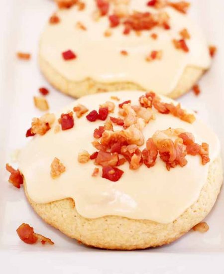 sugar cookies with caramel icing and bacon toppings