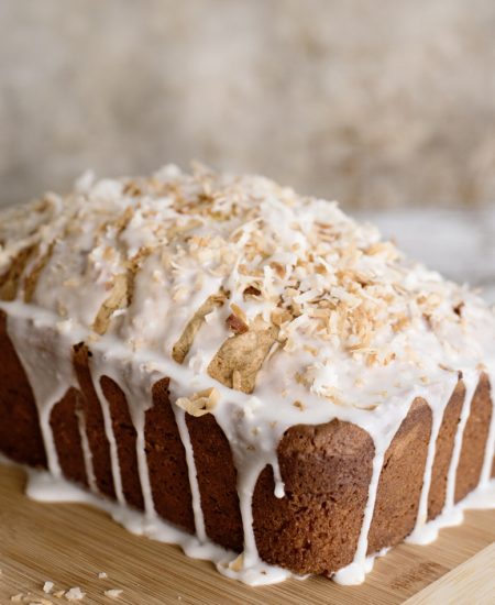 coconut cake on a cutting board