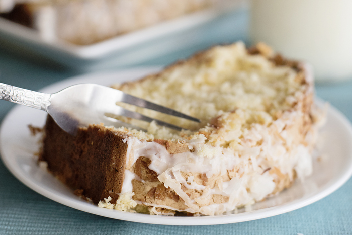 taking a bite of coconut pound cake