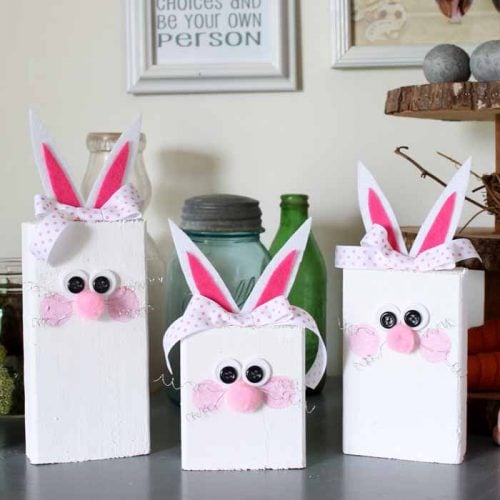 scrap wood easter bunnies on a table