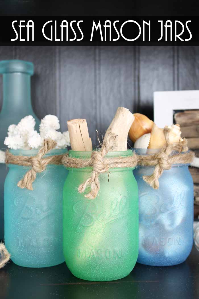 finished painted mason jars with sea glass paint closeup 