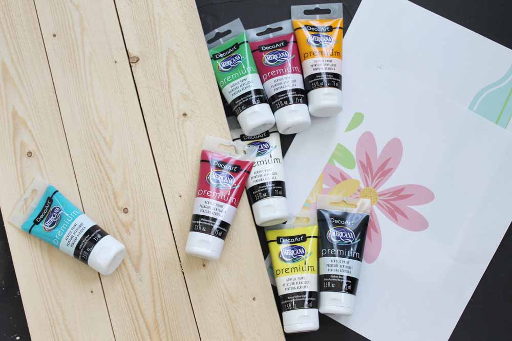 acrylic paints, rustic sign, and print out for tracing