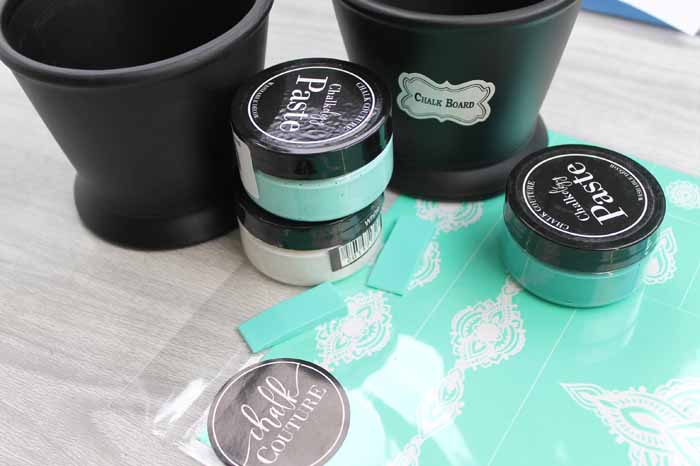 chalk couture paste and stencils as well as chalkboard flower pots