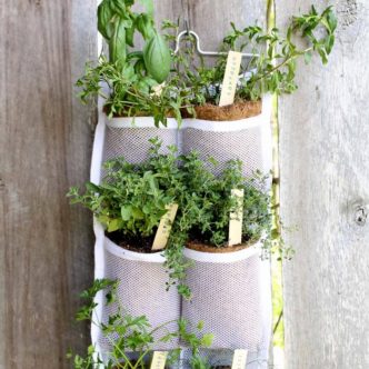 Make your own hanging herb garden with a hanging organizer. Quick, easy, and oh so pretty! Perfect for small spaces! #herbs #herbgarden #summer