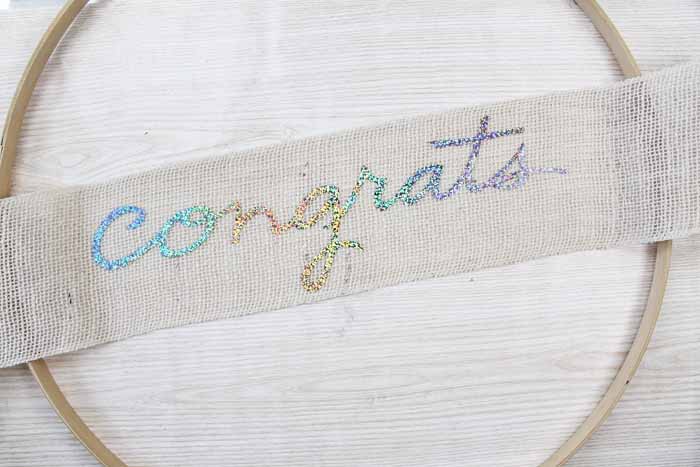 burlap ribbon with congrats in holographic htv