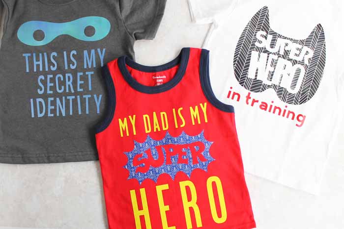 3 finished super hero shirts made with Cricut Patterned Iron-on for toddlers