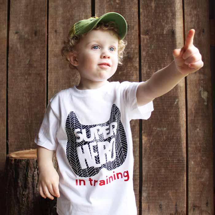 super hero in training shirt made with patterned heat transfer vinyl